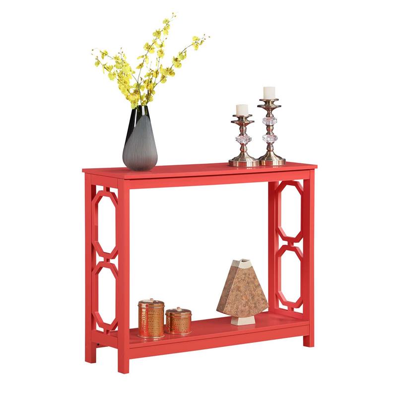 Pemberly Row Console Table with Shelf in Coral Pink Wood Finish
