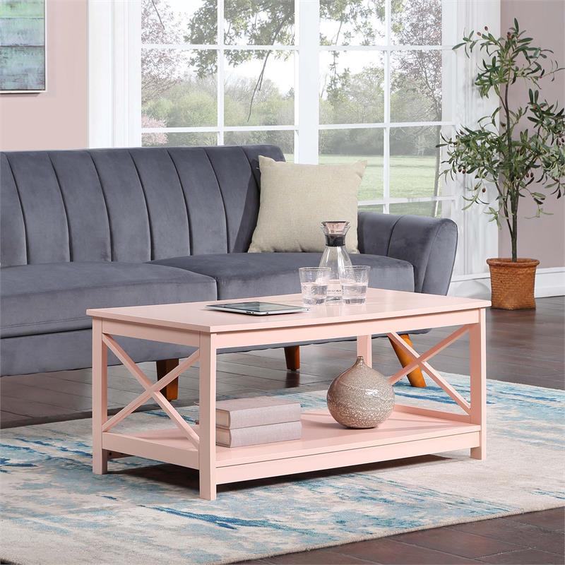 Pemberly Row Modern Coffee Table with Shelf in Pink Wood Finish