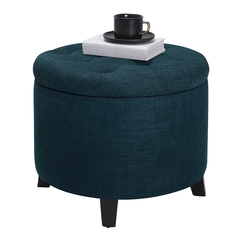 Pemberly Row Contemporary Round Storage Ottoman in Blue Fabric