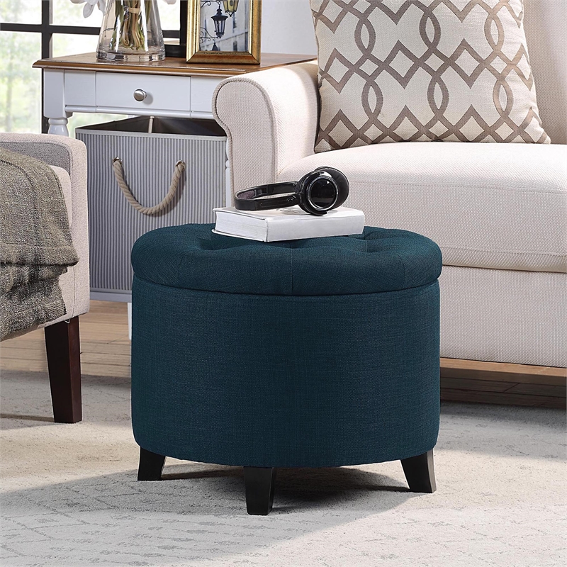 Pemberly Row Contemporary Round Storage Ottoman in Blue Fabric