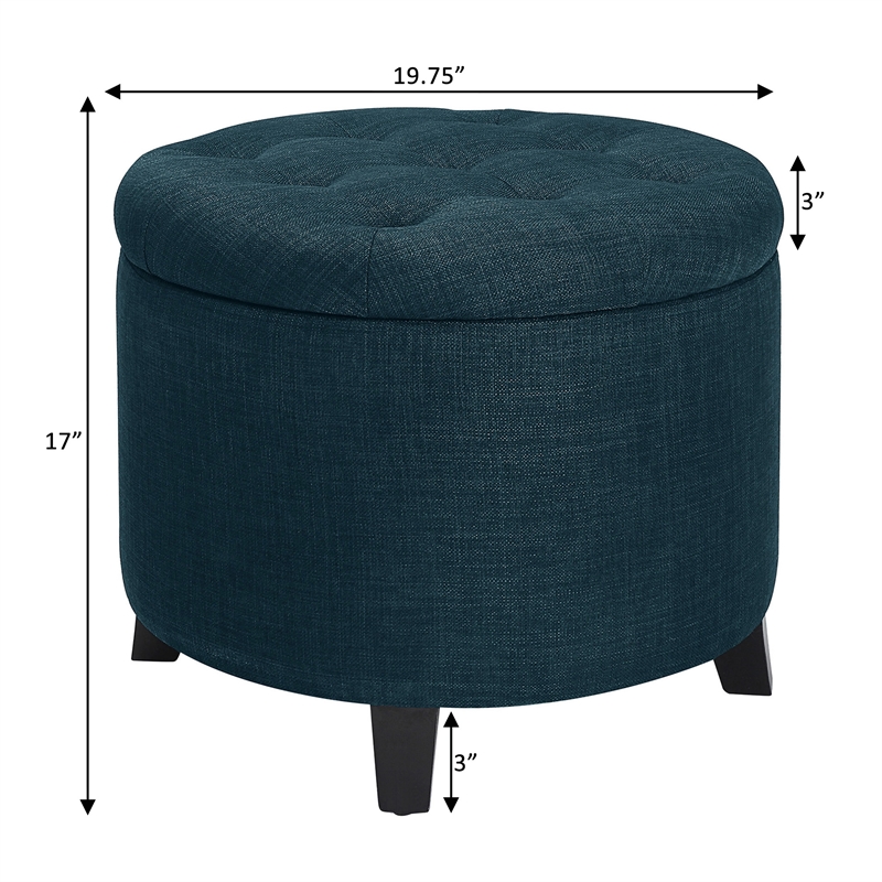 Pemberly Row Contemporary Round Storage Ottoman in Blue Fabric