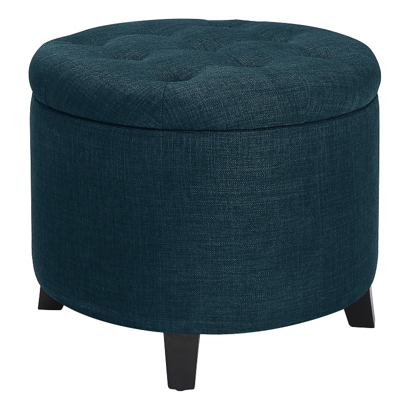Pemberly Row Contemporary Round Storage Ottoman in Blue Fabric