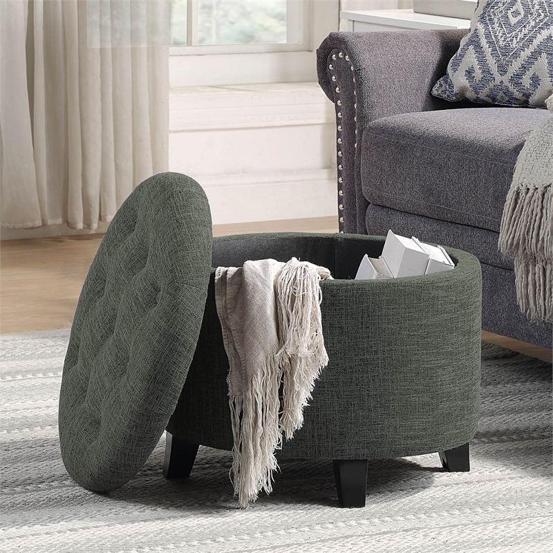 Pemberly Row Contemporary Round Storage Ottoman in Gray Fabric