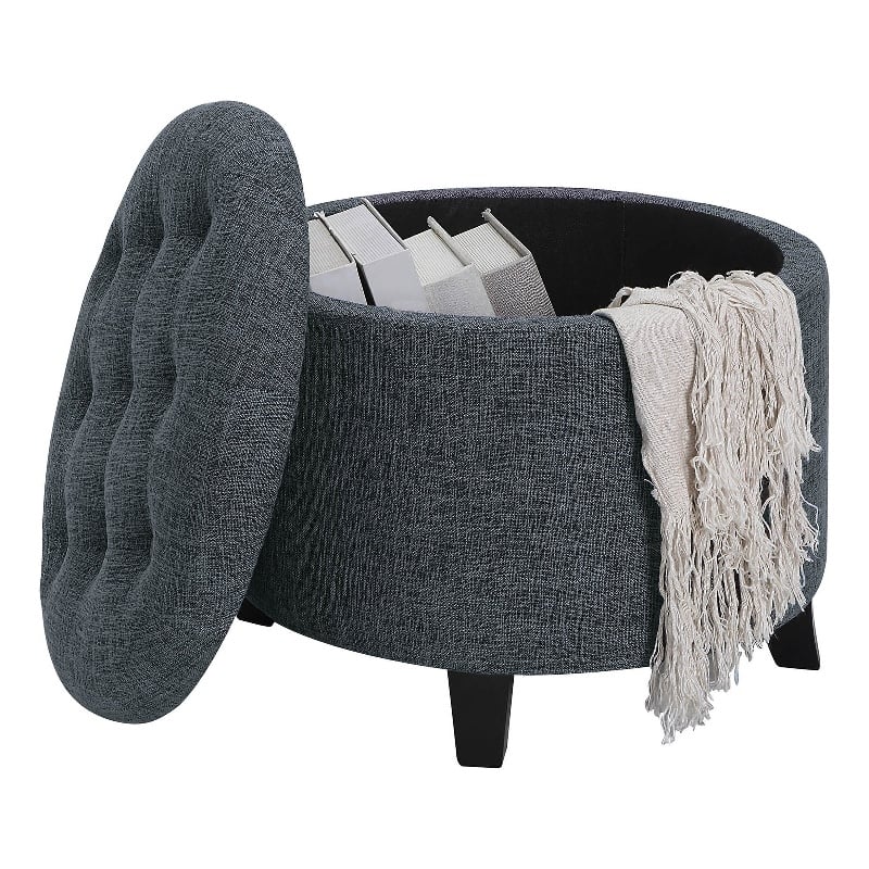 Pemberly Row Contemporary Round Storage Ottoman in Gray Fabric