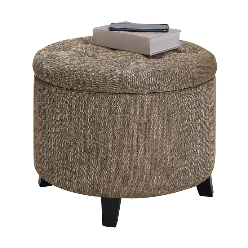 Pemberly Row Modern Round Storage Ottoman in Cappuccino Fabric