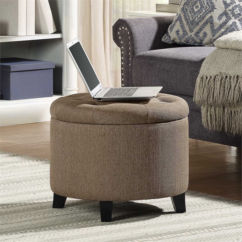 Pemberly Row Modern Round Storage Ottoman in Cappuccino Fabric