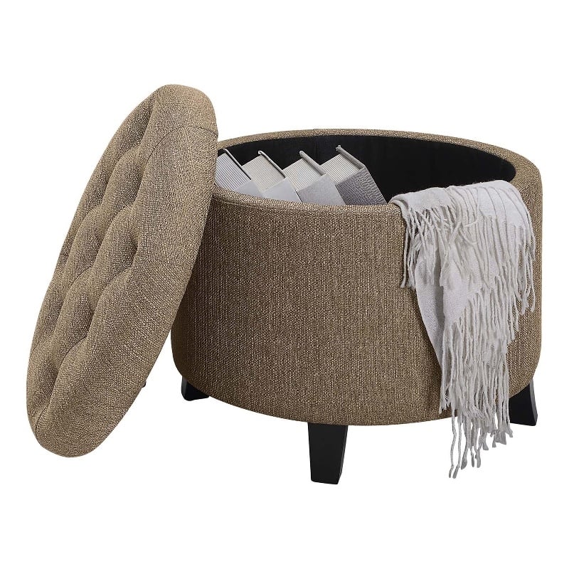 Pemberly Row Modern Round Storage Ottoman in Cappuccino Fabric