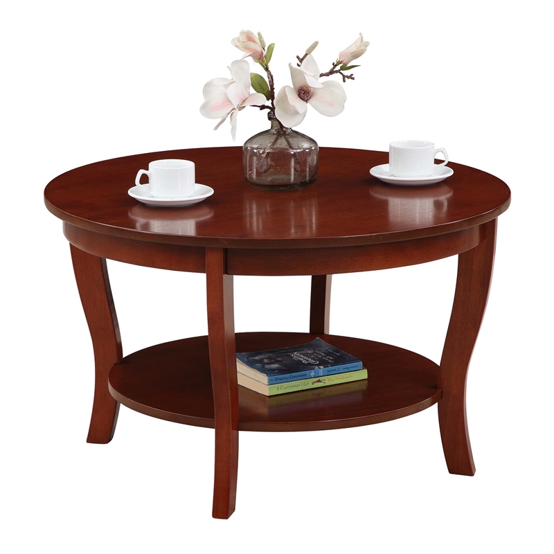 Pemberly Row Round Coffee Table with Shelf in Mahogany Wood Finish