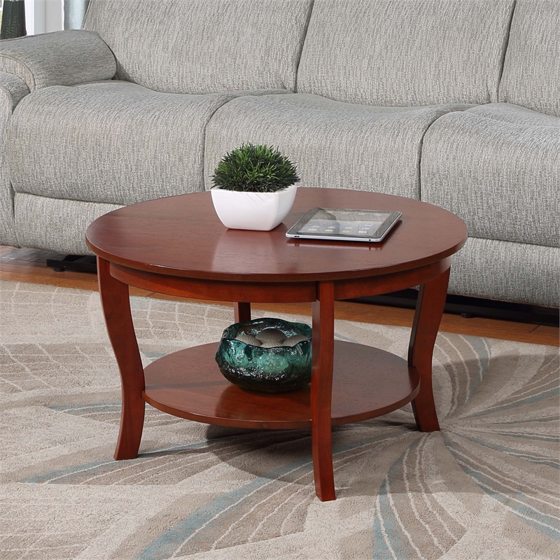 Pemberly Row Round Coffee Table with Shelf in Mahogany Wood Finish