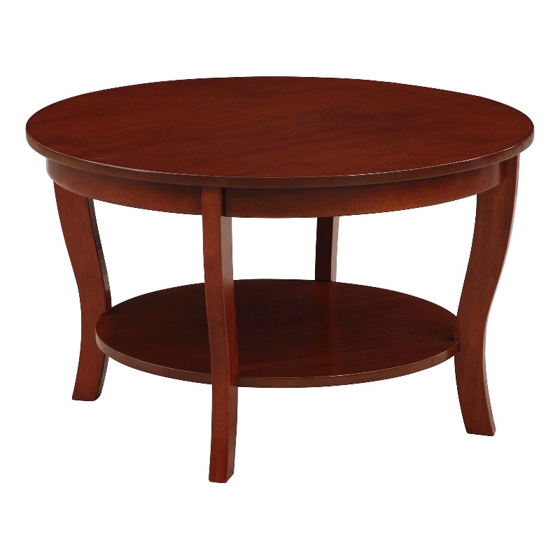 Pemberly Row Round Coffee Table with Shelf in Mahogany Wood Finish