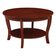 Pemberly Row Round Coffee Table with Shelf in Mahogany Wood Finish