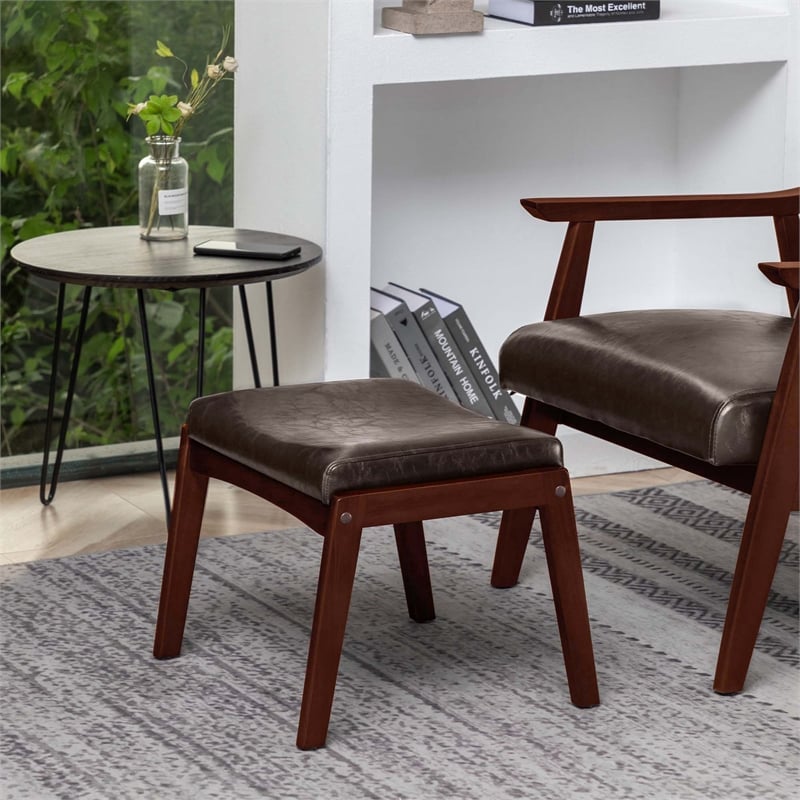 Pemberly Row Accent Ottoman Stool in Espresso Faux Leather and Wood