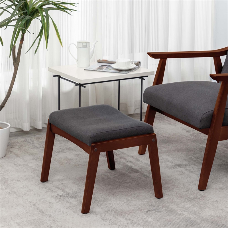 Pemberly Row Accent Ottoman Stool in Gray Fabric and Espresso Wood