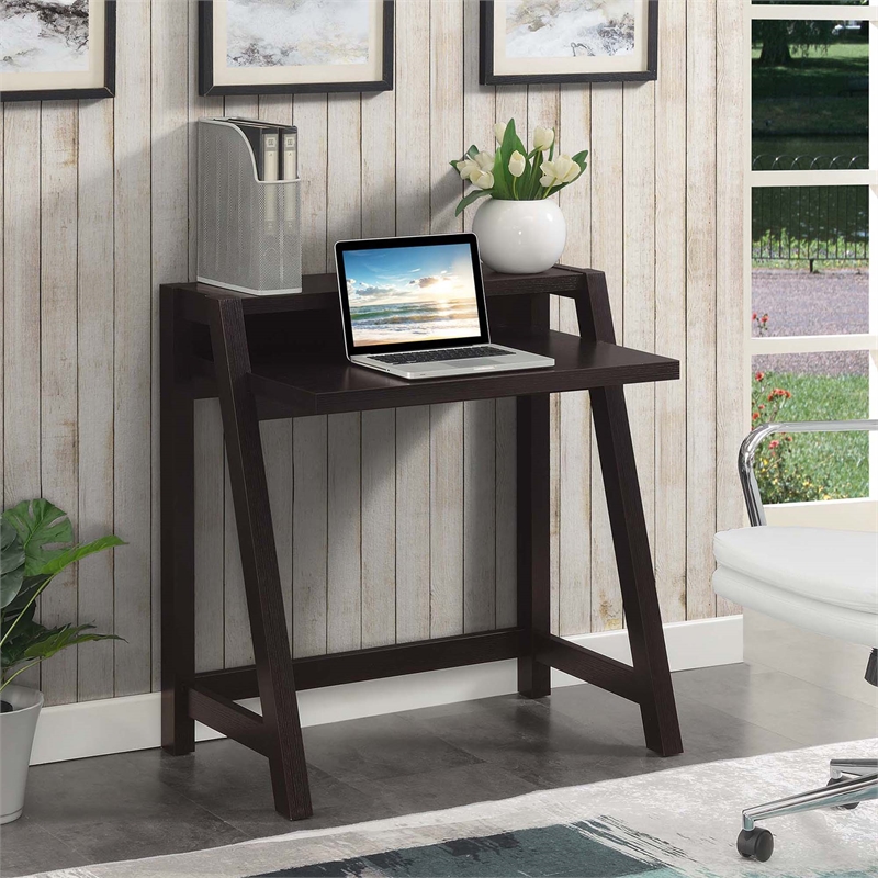 Pemberly Row Contemporary Two-Tier Desk in Espresso Wood Finish