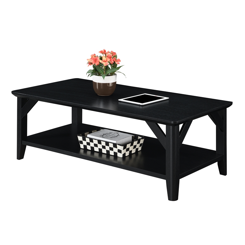 Pemberly Row Modern Coffee Table with Shelf in Black Wood Finish