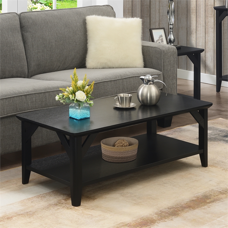 Pemberly Row Modern Coffee Table with Shelf in Black Wood Finish