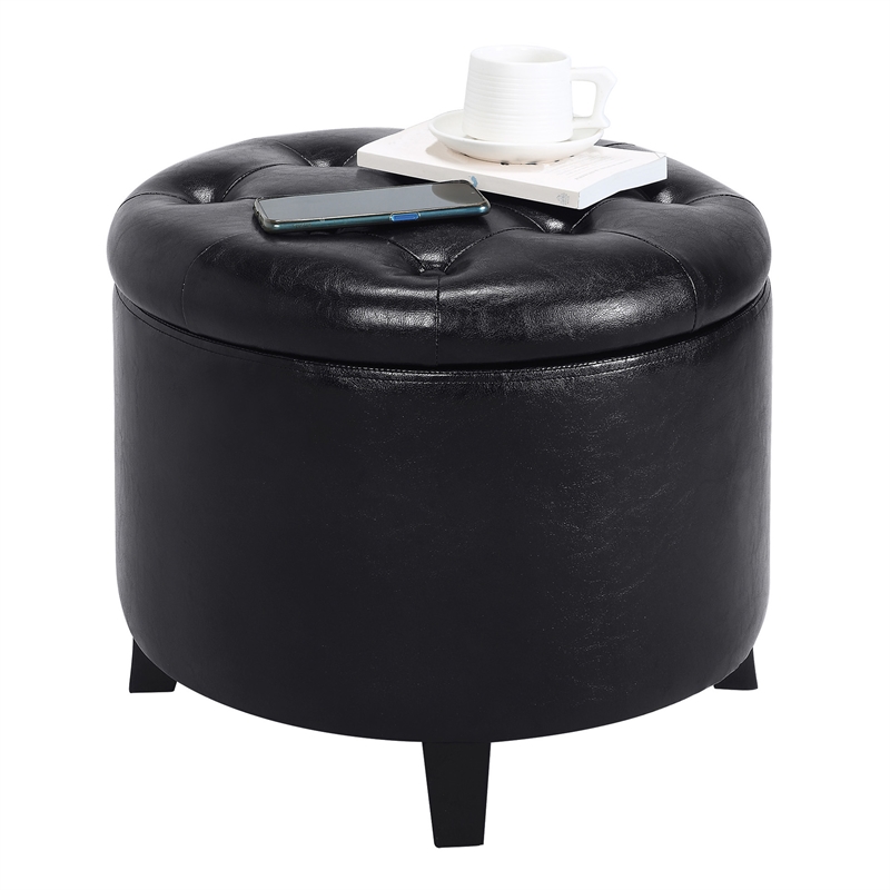 Pemberly Row Contemporary Round Storage Ottoman in Black Fabric