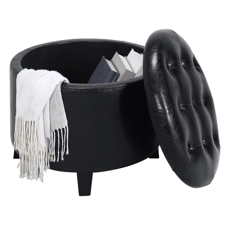 Pemberly Row Contemporary Round Storage Ottoman in Black Fabric