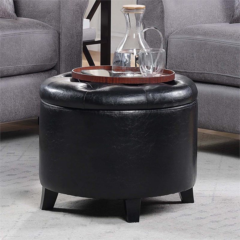 Pemberly Row Contemporary Round Storage Ottoman in Black Fabric