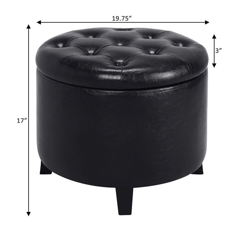 Pemberly Row Contemporary Round Storage Ottoman in Black Fabric
