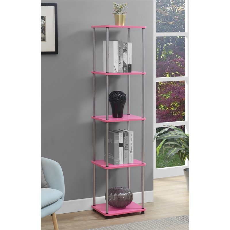 Pemberly Row No-Tools Five-Tier Tower with Pink Wood Frame Finish