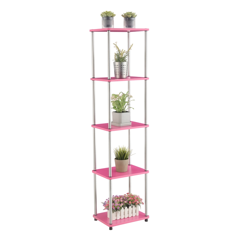 Pemberly Row No-Tools Five-Tier Tower with Pink Wood Frame Finish