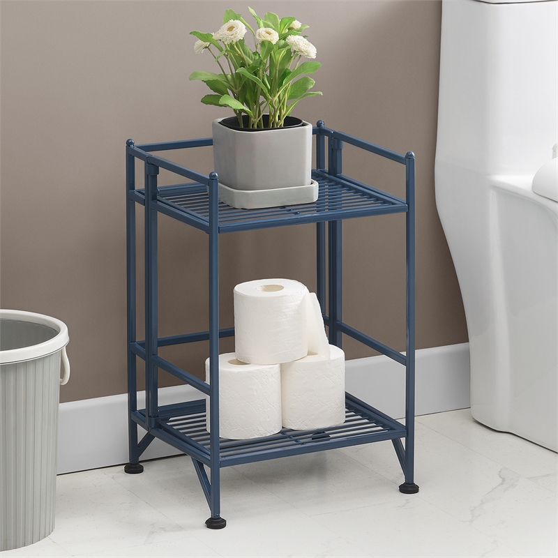 Pemberly Row Two-Tier Folding Metal Shelf in Cobalt Blue Metal Finish