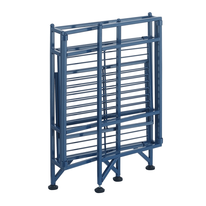 Pemberly Row Two-Tier Folding Metal Shelf in Cobalt Blue Metal Finish
