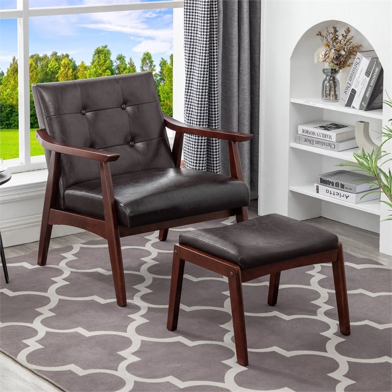 Pemberly Row Accent Chair and Ottoman Set in Espresso Faux Leather