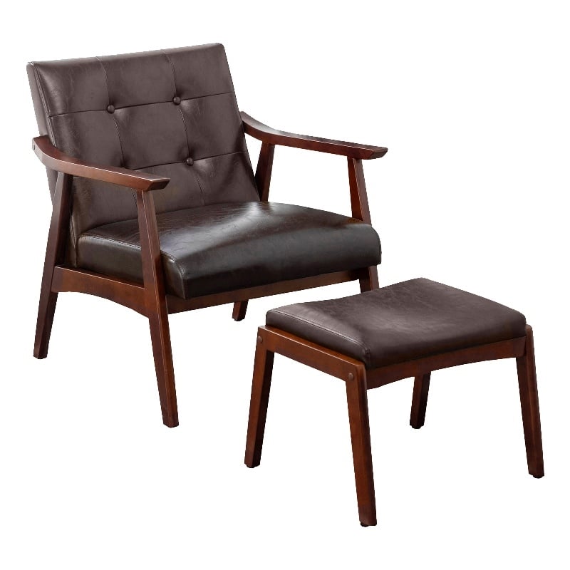 Pemberly Row Accent Chair and Ottoman Set in Espresso Faux Leather