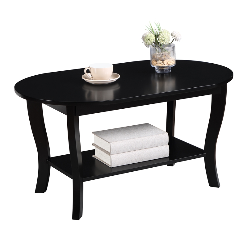 Pemberly Row Oval Coffee Table with Shelf in Black Wood Finish
