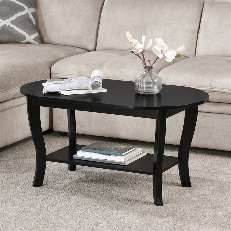 Pemberly Row Oval Coffee Table with Shelf in Black Wood Finish