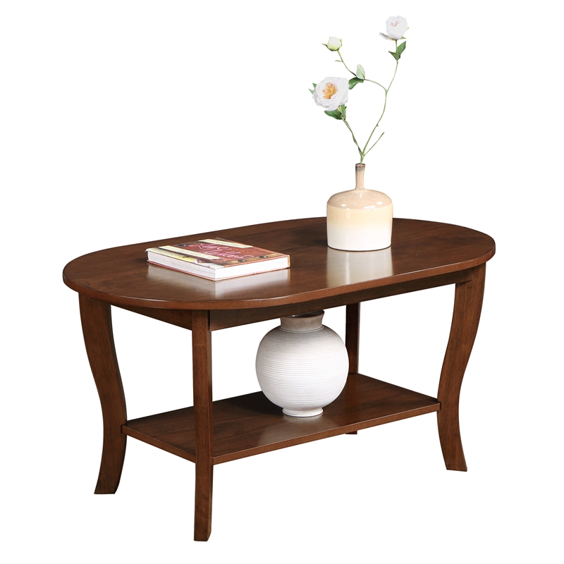 Pemberly Row Oval Coffee Table with Shelf in Espresso Wood Finish