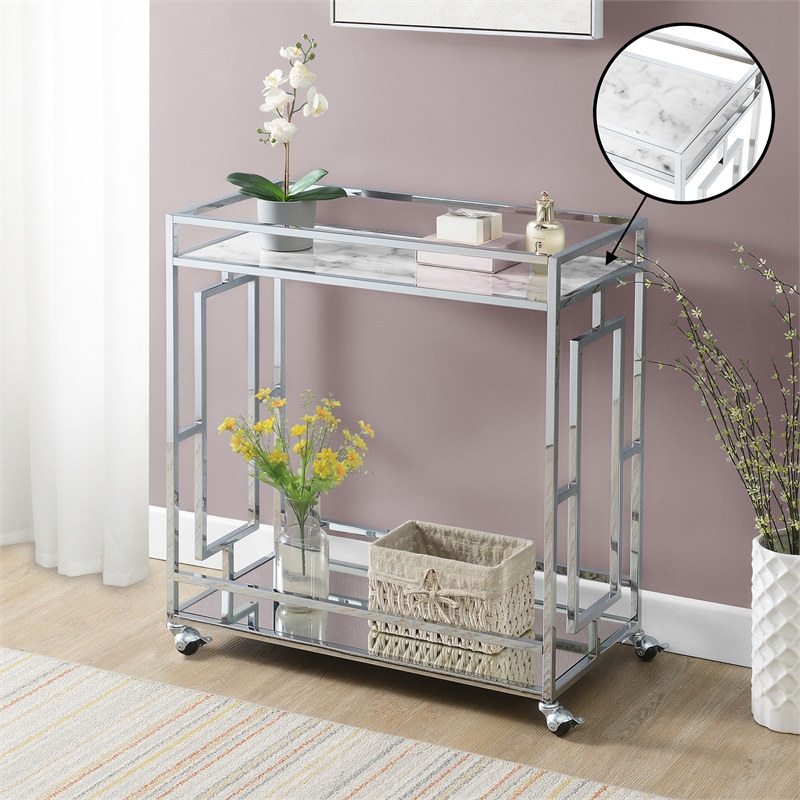Pemberly Row Chrome Metal Faux Marble Mirrored Bar Cart with Shelf