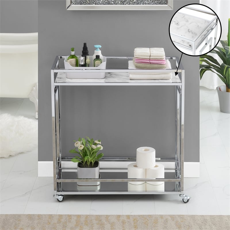 Pemberly Row Chrome Metal Faux Marble Mirrored Bar Cart with Shelf