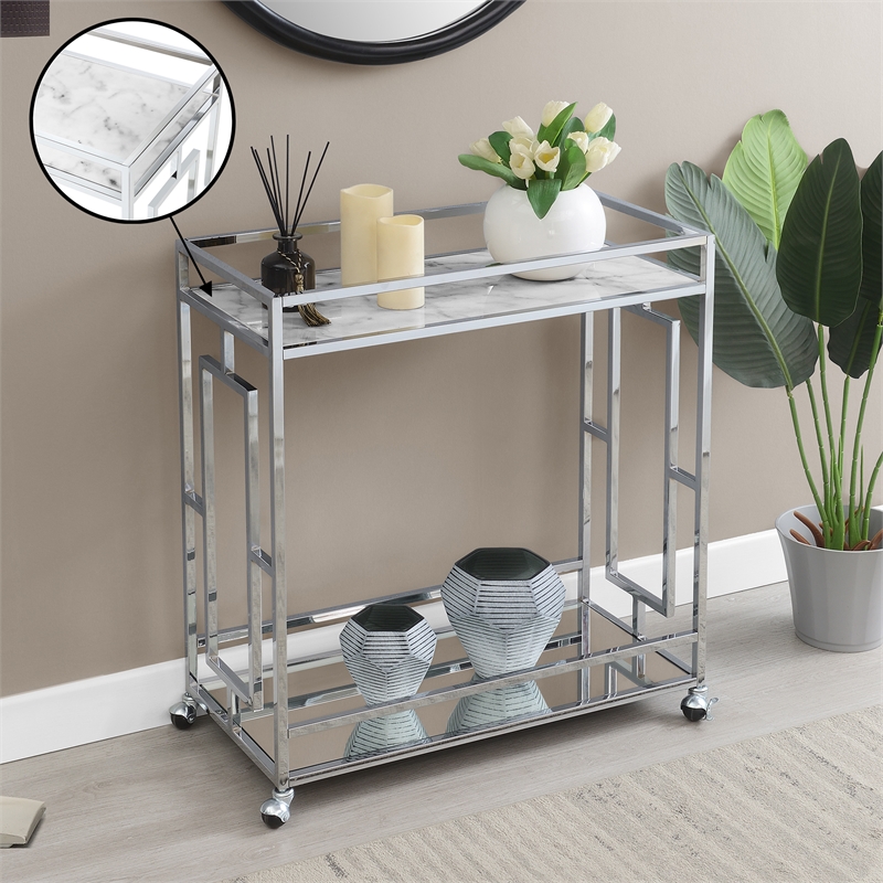 Pemberly Row Chrome Metal Faux Marble Mirrored Bar Cart with Shelf