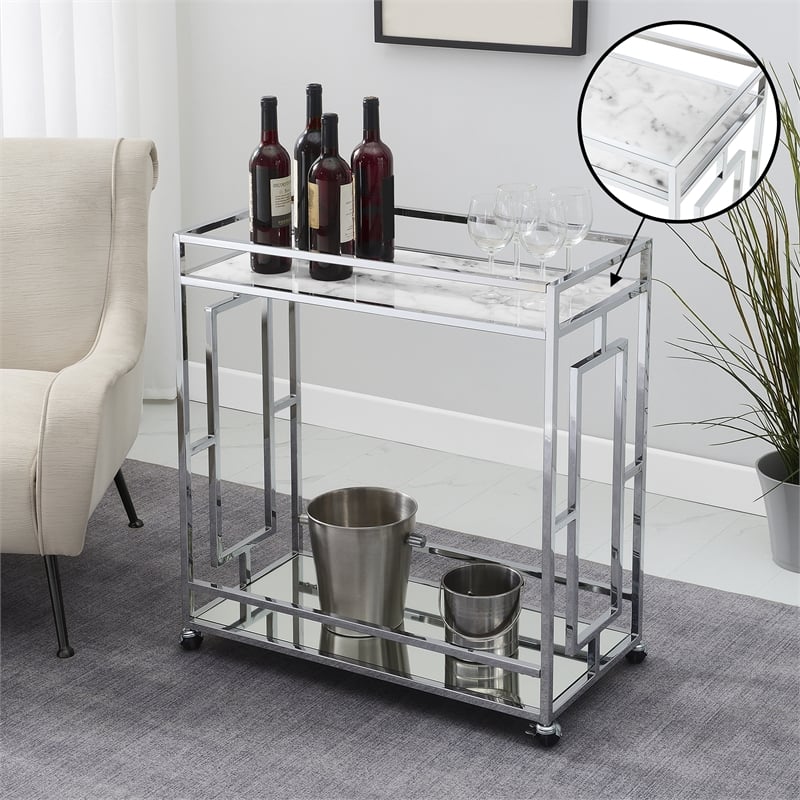 Pemberly Row Chrome Metal Faux Marble Mirrored Bar Cart with Shelf