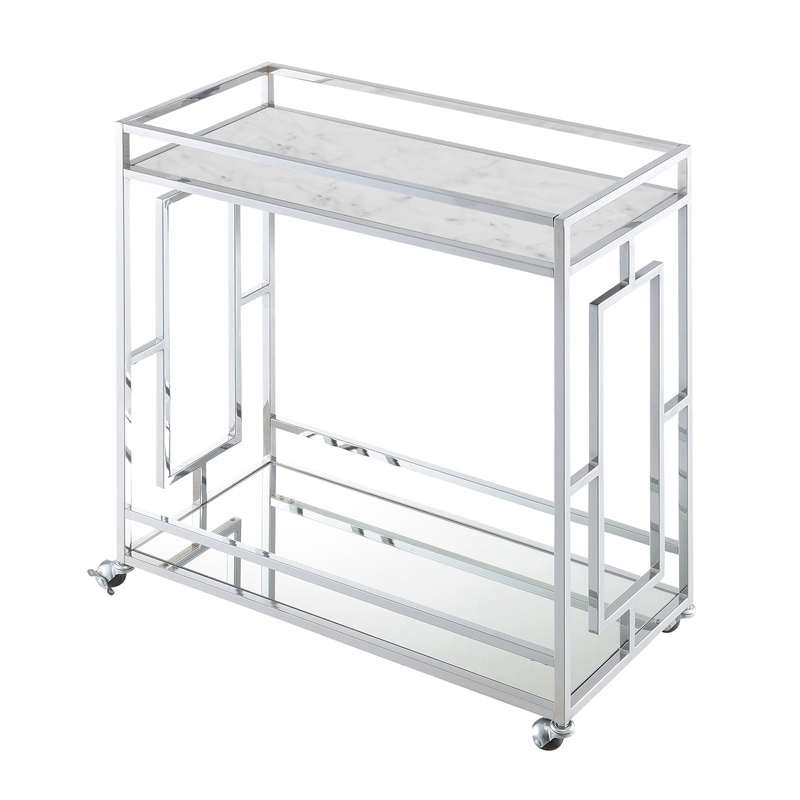 Pemberly Row Chrome Metal Faux Marble Mirrored Bar Cart with Shelf
