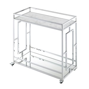 Pemberly Row Chrome Metal Faux Marble Mirrored Bar Cart with Shelf