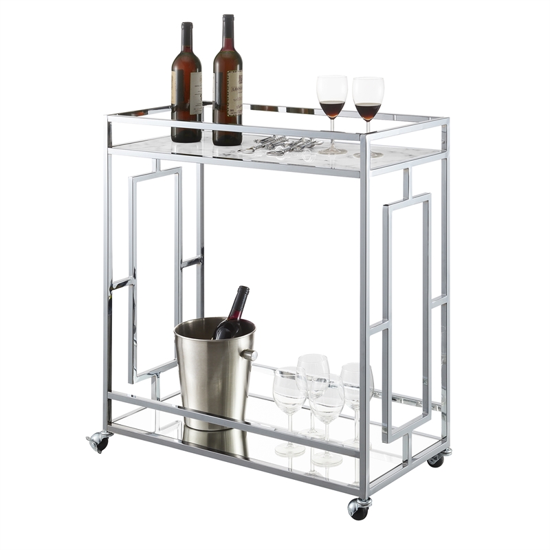 Pemberly Row Chrome Metal Faux Marble Mirrored Bar Cart with Shelf