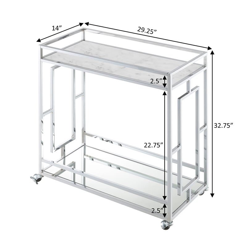 Pemberly Row Chrome Metal Faux Marble Mirrored Bar Cart with Shelf