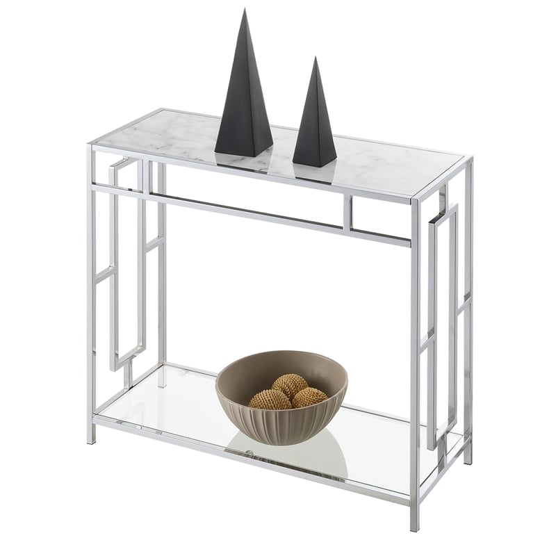 Pemberly Row Chrome Metal Faux Marble Glass Hall Table with Shelf