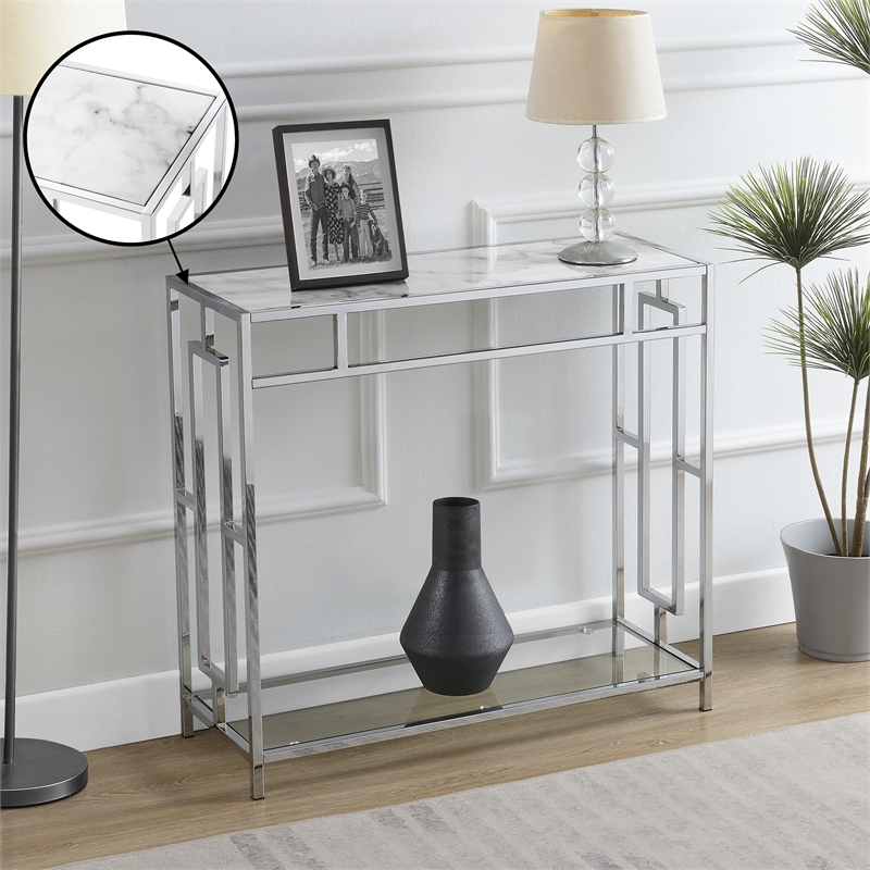 Pemberly Row Chrome Metal Faux Marble Glass Hall Table with Shelf