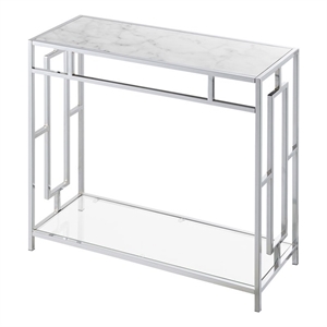 Pemberly Row Chrome Metal Faux Marble Glass Hall Table with Shelf