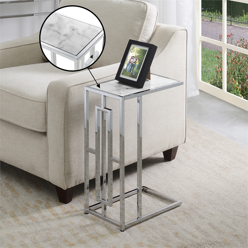 Pemberly Row Contemporary Chrome Metal Faux Marble C End Table