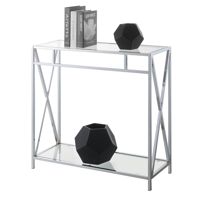 Pemberly Row Modern Chrome Metal Glass Hall Table with Shelf
