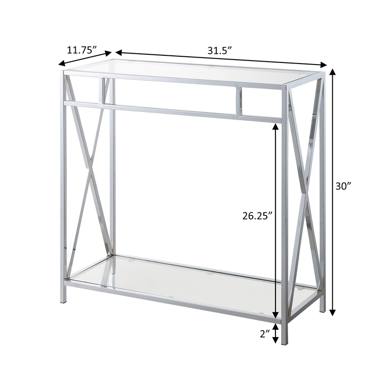 Pemberly Row Modern Chrome Metal Glass Hall Table with Shelf