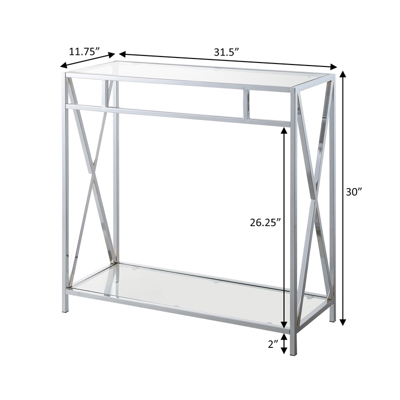 Pemberly Row Modern Chrome Metal Glass Hall Table with Shelf