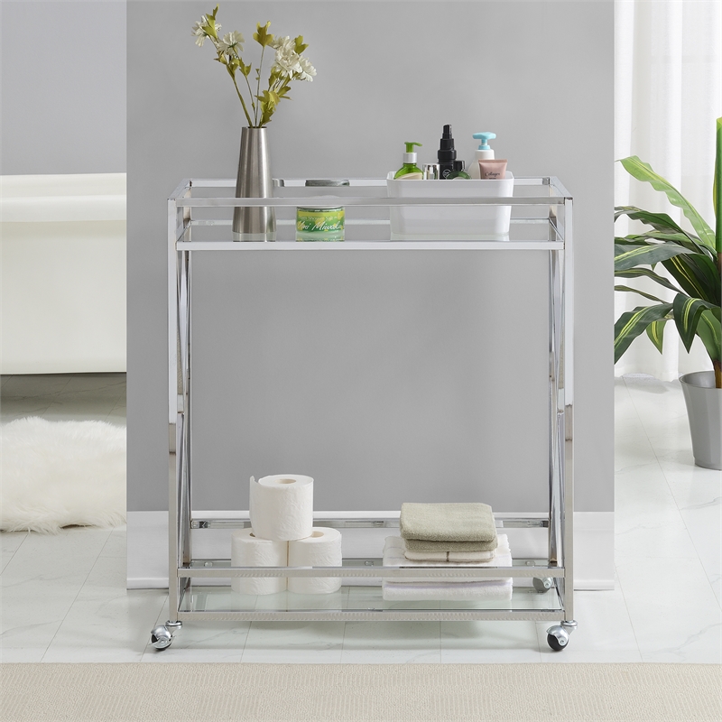 Pemberly Row Contemporary Chrome Metal Glass Bar Cart with Shelf