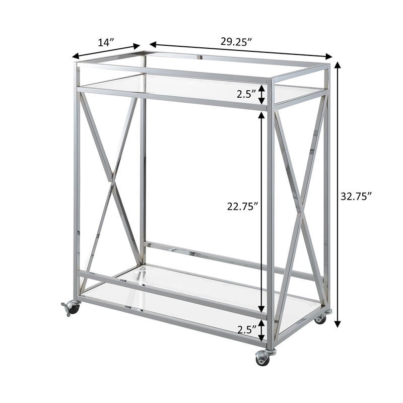 Pemberly Row Contemporary Chrome Metal Glass Bar Cart with Shelf